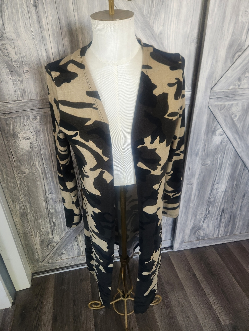 Beige & Black Camouflage Open Front Long Cardigan Duster